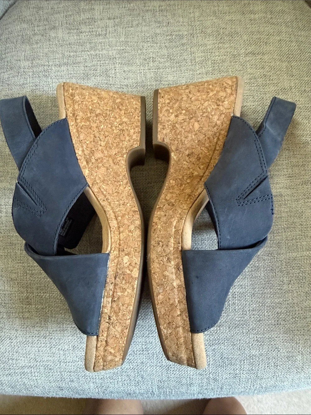 Clarks Women’s Navy Cork Cross‑Strap Wedge Sandals with Buckle